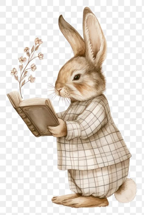 Reading Book Cartoon, Spring Illustrations, Drawing Easter, Rabbit Watercolor, Png Images For Editing, Rabbit Vintage, Rabbit Png, Book Cartoon, About Butterfly