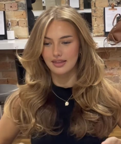 Victorias Secret Hair Curls, Light Brown Hair Blowout, Dark Blonde Blowout, Low Matienence Blonde, Victoria Secret Bombshell Hair, Victoria Secret Blowout Hair, Bouncy Blowout Medium Hair, 90s Hair Color, Bombshell Haircut