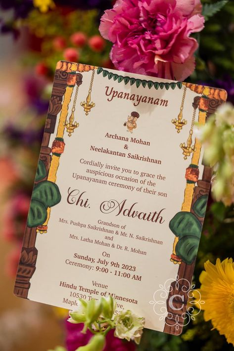 Thread Ceremony Invitation Cards, Thread Ceremony, Creative Wedding Invitations Design, Hindu Wedding Invitation Cards, Indian Wedding Invitation Card Design, Hindu Wedding Invitations, Filmmaking Cinematography, Ceremony Invitation, Digital Invitations Wedding