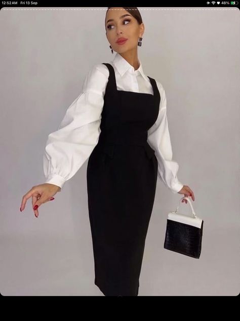 White Shirt Under Dress Outfit, Under Dress Outfit, Shirt Under Dress Outfit, Pinafore Dress Outfit, Shirt Under Dress, Office Wears, Cute Professional Outfits, Cargo Outfit, Mode Hijabi