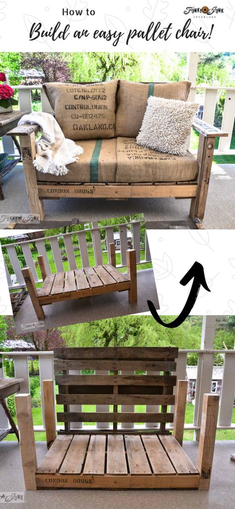 Learn how to build this easy-to-build rustic pallet wood chair, using 2 pallets! Included are coffee sack covers and how to create cushion. Click for full how-to instructions through this post. Pallet Furniture Cushions, Pallet Patio Furniture Diy, Pallet Furniture Plans, Diy Outdoor Seating, Pallet Chair, Pallet Garden Furniture, Pallet Patio Furniture, Pallet Patio, Funky Junk Interiors