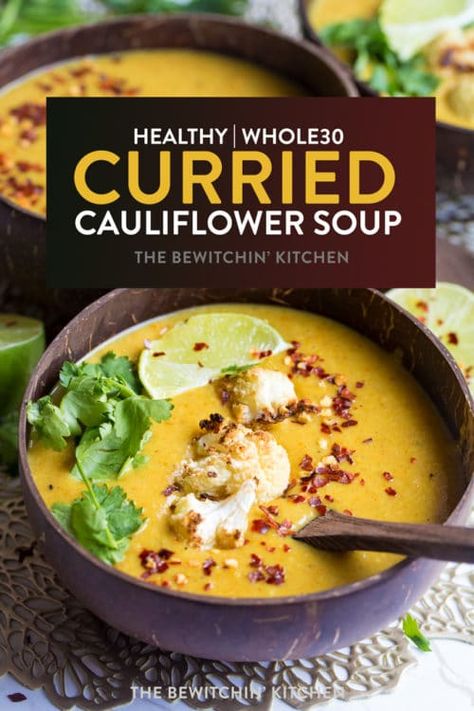 This curried cauliflower soup is awesome! A healthy and easy, Whole30 recipe that uses collagen peptides to up the protein in this low carb soup. #ad #thebewitchinkitchen #glutenfree #curriedcauliflowersoup #cauliflowersoup #coconutsoup #lowcarbrecipes #souprecipes #fallrecipes #cookingwithcollagen #collagenrecipes Whole30 Recipe, Curried Cauliflower Soup, Curried Cauliflower, Easy Whole 30 Recipes, Soup Appetizers, Cauliflower Curry, Best Soup Recipes, Low Carb Soup, Cauliflower Soup