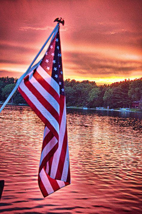 4th of July American Flag at sunset on the lake. 4th Of July At The Lake, 4th Of July Signs Wood, 4th Of July Photography, Fourth Of July Quotes, 4th Of July Cocktails, Fourth Of July Crafts For Kids, Fourth Of July Cakes, Lake Photography, Fourth Of July Shirts