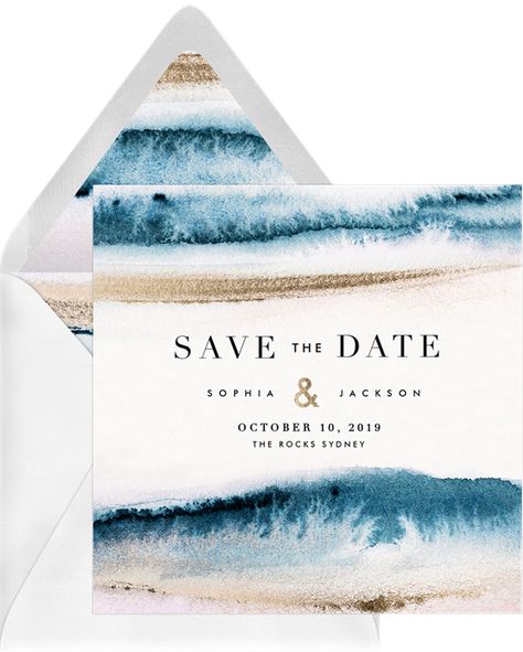 Contemporary Waves by Claudia Owen | Greenvelope.com Wedding Invitations For Beach Wedding, Ocean Wedding Inspiration, Blue And Tan Beach Wedding, Beachy Wedding Invites, Ocean Save The Date, Beach Themed Save The Dates, Surf Wedding Invitations, Beach Wedding Website, Save The Date Ideas Beach Wedding