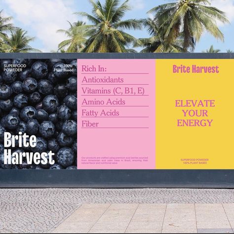 Brite Harvest🫐 - Brand identity design. A fast growing company specialising in the production of high quality açai products. The products are crafted using premium acai berries sourced from Amazonian acai palm trees in Brazil, ensuring their natural flavor and nutritional value The main idea of branding is to brighten up routine and boost energy. Contrasting fonts and color palette are selected to add boldness into the brand. As a graphic approach, text (phrases reflecting the brand idea) and minimalist illustrations depicting various emotions are used. Acai Branding, Energy Graphic Design, Acai Bar, Acai Palm Tree, Acai Drink, Emotional Branding, Brand Brief, Probiotic Yogurt, Nutrition Branding