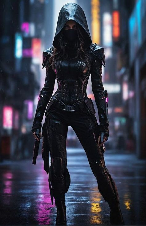 Cyberpunk Outfit Design, Cyberpunk Outfit Women, Assassin Design, Assassin Girl, Cybernetic Enhancements, Girl Assassin, Cyberpunk Costume, Assassin Costume, Cyberpunk Cityscape