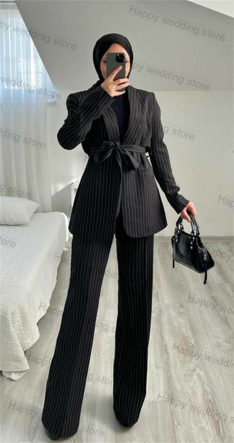 Formal Pinstripe 2 Piece Women Suit Set Black Blazer+Pants Office Business Lady Jacket Belt Tailored Suits For Women Hijab, Classic Outfits For Women, Jacket Belt, Business Lady, Lady Jacket, Stile Hijab, Mode Hijabi, Muslim Outfits Casual, Hijabi Fashion Casual