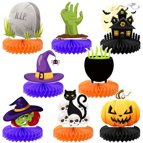 PRICES MAY VARY. PACK OF 8 | HALLOWEEN HONEYCOMB CENTERPIECES : Wanna special halloween decor for the party? We have got you covered with this colorful tissue paper halloween centerpiece, Pack of 8. They come in cute designs of witch, witch hat, pumpkin, haunted house, skull, gravestone, cat etc. The classic Halloween colors are a nice choice for you to decorate the Halloween parties. The halloween table decorations centerpieces easily add the Halloween horror atmosphere, halloween party centerp Halloween Table Decorations Centerpieces, Halloween Party Centerpieces, Halloween Party Table Decorations, Halloween Centerpieces, Halloween Birthday Party Decorations, Halloween Table Centerpieces, Halloween Party Table, Centerpieces For Tables, Birthday Party Table Decorations