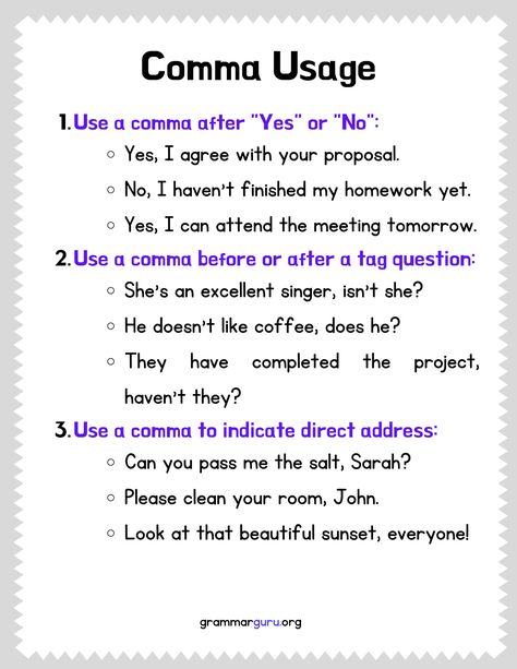 Proper comma usage is an essential aspect of grammar as it helps convey meaning effectively and ensures that sentences are clear and well-structured. Proper Sentence Structure, Grammar Anchor Charts, Punctuation Worksheets, Linking Words, Sentence Examples, Study English Language, Random Tips, Study English, Sentence Structure