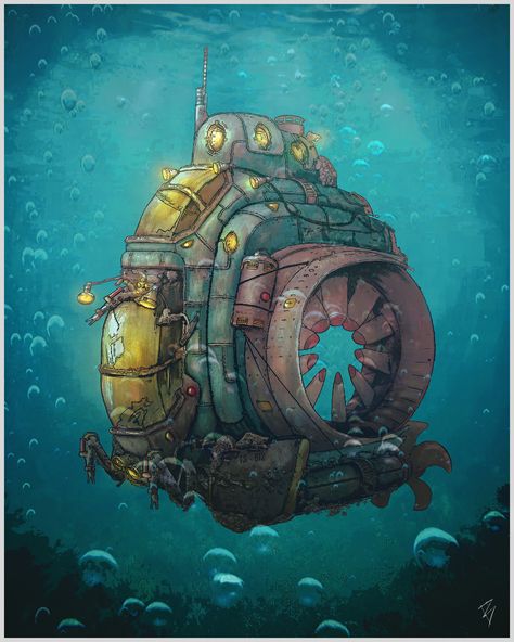 Sci-Fi Bathyscaphe - Vehicle/Transport Design by Anastasia Besnadega Digital 2D Concept Art Science Fiction Vehicles Futuristic Submarine Underwater Mecha Ecological Mechanism Design Research Technology Details Manipulator Propeller Ocean Exploration Comic Futuristic Submarine, 2d Concept Art, Cyberpunk Character Design, Wave Energy, Mechanism Design, Ocean Exploration, Ocean Projects, Cyberpunk Rpg, Underwater Art