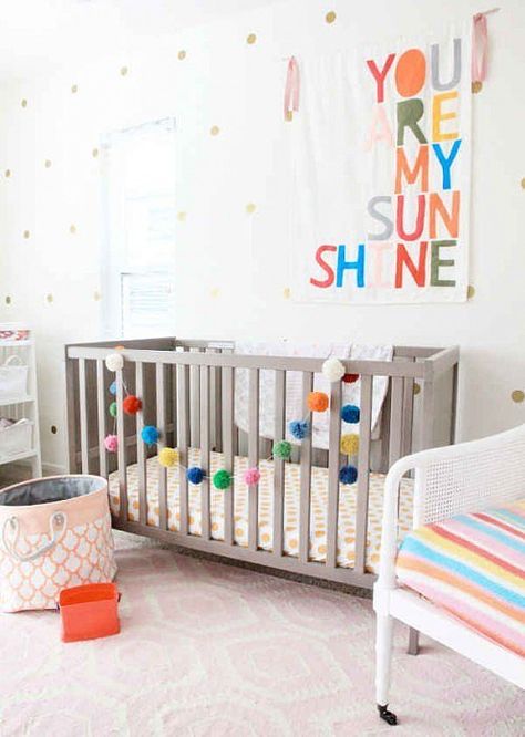 5. Bright and Happy: Make a statement that speaks in sweetness and color by using a rainbow palette as your central color scheme. Gender Neutral Nursery Design, Nursery Ideas Boy, Polka Dot Nursery, Nursery Design Neutral, Nursery Color Scheme, Fun Nursery, 카드 디자인, Nursery Colors, Gender Neutral Nursery