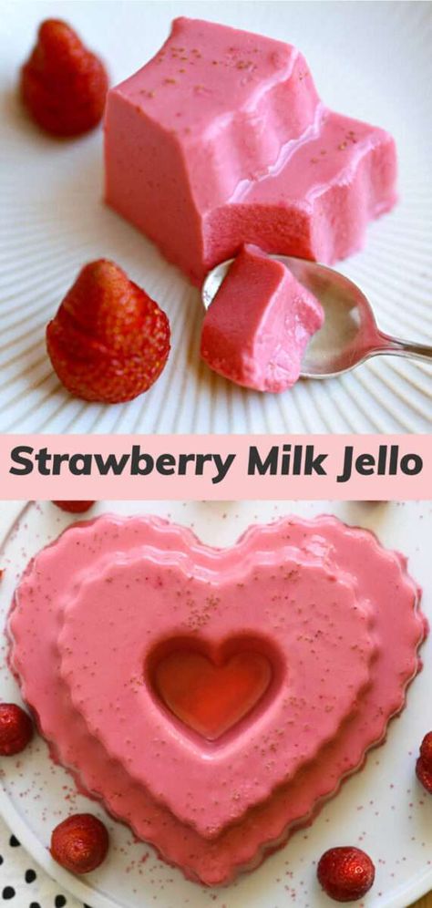 This Strawberry Milk Jello recipe is absolutely delicious. Milk, evaporated milk, heavy cream, sweetener and strawberries converge in this silky-smooth dessert. If you loved Strawberry Nesquik as a kid, you'll love the flavor of this jiggly pink treat. It's also a lot healthier, since it's made with real strawberries. Coconut Milk Jello Recipes, Mexican Strawberry Jello, Mexican Milk Jello, Pudding And Jello Desserts, Jello With Sweetened Condensed Milk, Jello Milk Recipes, Jello With Condensed Milk Recipes, Evaporated Milk And Jello Dessert, Jello And Condensed Milk