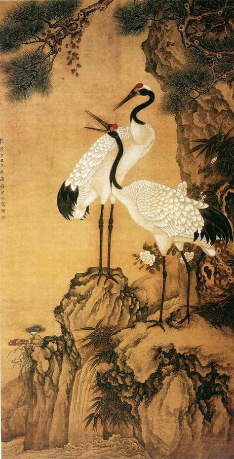 ~ Shen Quan (沈銓; c. 1682–1760), Cranes and Pine Tree Korean Painting, Art Chinois, Chinese Art Painting, Ancient Chinese Art, Asian Painting, Eastern Art, 수채화 그림, China Painting, Art Japonais