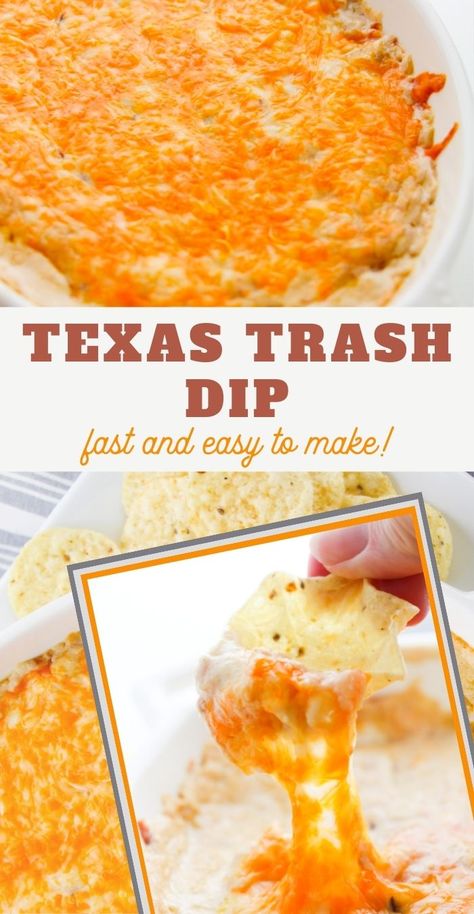 Football Food Ideas Appetizers, White Trash Dip, Healthy Football Party Food, Texas Trash Warm Bean Dip, Trash Dip Recipe, Hillbilly Food, Football Food Ideas, Appetizers Football, White Trash Recipe