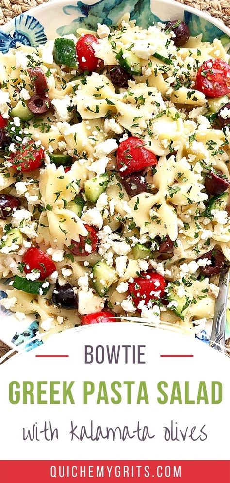 bowtie greek salad on a colorful plate. Greek Bow Tie Pasta Salad, Bow Tie Feta Pasta Salad, Greek Bowtie Pasta Salad, Pasta Salad With Feta Cheese And Olives, Greek Pasta Salad With Shrimp, Greek Feta Pasta Salad, Greek Pasta Salad Recipes Cold, Bowtie Pasta Recipes Salad, Feta Cheese Recipes Pasta