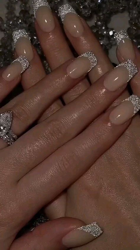 Sparkly Dip Nails, Silver Glitter Ombre Nails, Glitter French Nails, Nails Sparkly, Nails With White, Hoco Nails, Shiny Nails, Hot Nails, Prom Nails