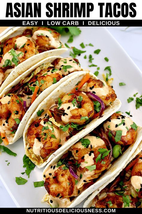 Shrimp Tacos Spicy, Thai Shrimp Tacos, Shrimp Tacos With Asian Slaw, Korean Shrimp Tacos, Shrimp Asian Recipe, Asian Shrimp Tacos, Keto Shrimp Tacos, Asian Shrimp Recipes, Cajun Shrimp Tacos