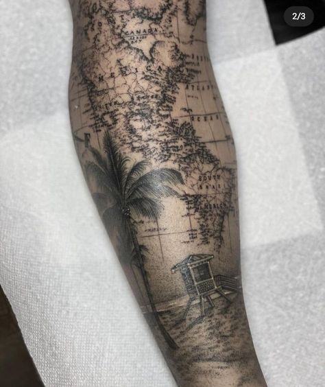 California Tattoo Men, Map Sleeve Tattoo, Women Tattoo Inspiration, Mermaid Sleeve Tattoos, Portrait Tattoo Sleeve, Nautical Tattoo Sleeve, Map Tattoo, Quarter Sleeve Tattoos, Men Tattoos Arm Sleeve