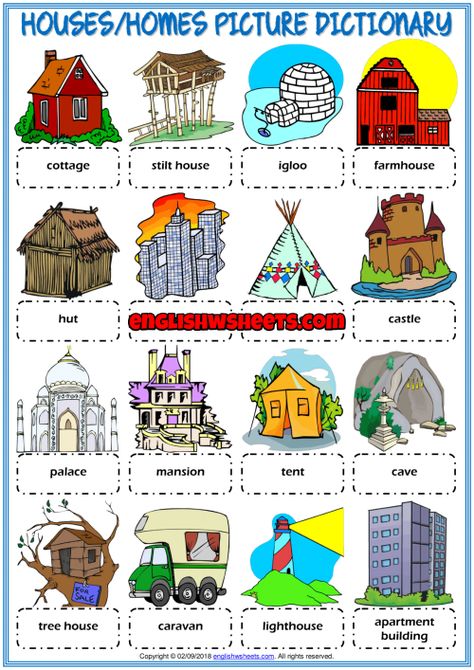 A picture dictionary and classroom poster ESL printable worksheet for kids to study and learn types of houses, homes vocabulary. Look at the pictures and study the words. Useful for teaching and learning types of houses, homes vocabulary. Different Houses Preschool, Types Of Homes Preschool, Types Of Houses For Kids Project, Different Types Of Houses Kids Project, Types Of Houses Worksheet, Learning Types, Types Of Homes, Different Types Of Houses, Nursery Rhymes Activities