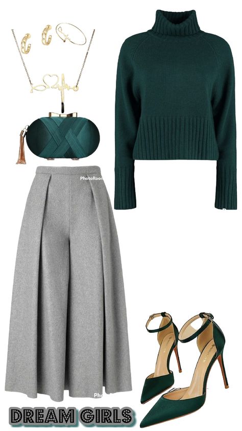 How To Style Gray Pants Women, Green And Grey Outfits For Women, Gray And Green Outfit, Dark Green Color Combinations Outfit, Business Casual Green Cardiagn Grey Pants, Grey And Green Outfit, Elegant Gray Skirt For Fall, Green Pleated Skirt For Winter, Elegant Gray Fall Skirt