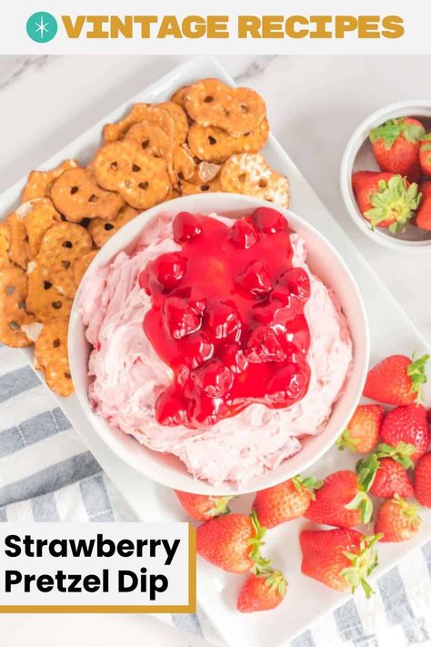 Get ready to be smitten by this scrumptious Strawberry Pretzel Dip, a delightful fusion of sweet and salty flavors that will leave your taste buds dancing! This delectably creamy dip combines cream cheese, fluffy whipped topping, strawberry pie filling, powdered sugar, and salty pretzels for an irresistible snack. Get the easy recipe and find out how to make the best strawberry pretzel dip for parties, game nights, or as a unique dessert. Strawberry Pretzel Dip, Dip For Pretzels Easy, Strawberry Cream Cheese Dip, Pretzel Dips, Pretzel Dip Recipes, Dip For Parties, Salty Pretzels, Dessert Fondue, Dessert Dip