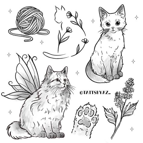 British Shorthair Cat Tattoo, Cat Tattoo Flash Sheet, Kitten Tattoo, Flash Tats, Tattoo 2024, Food Tattoos, Butterfly Tattoos For Women, Magic Cat, Tattoo Flash Sheet