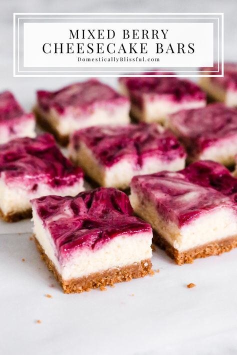 Mixed Berry Cheesecake Bars - Domestically Blissful Berry Swirl Cheesecake Bites, Berry Cheesecake Bars, Mixed Berry Cheesecake, Mixed Berry Dessert, Domestically Blissful, Berry Recipes, Fruit Fresh, Cheesecake Bar Recipes, July Recipes