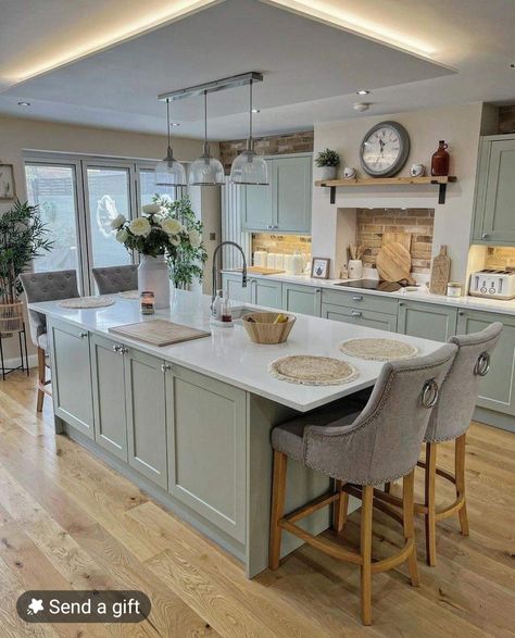 Old Farmhouse Kitchen, Kitchen Revamp, Kitchen Diner Extension, Wren Kitchen, Bungalow Kitchen, Open Plan Kitchen Dining Living, Open Plan Kitchen Diner, Sage Green Kitchen, Open Plan Kitchen Dining