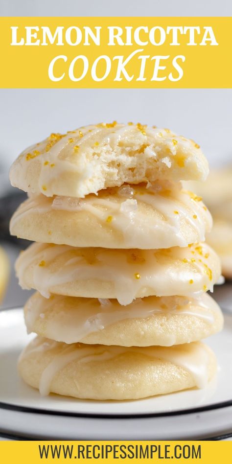 These Lemon Ricotta Cookies are soft and moist with a tangy lemon glaze. The ricotta cheese brings a creamy richness to each bite, so these cookies practically melt in your mouth. Easy cookie recipe for any occasion! Pumpkin Ricotta Cookies, Ricotta Desserts, Ricotta Recipes Dessert, Ricotta Cheese Cookies, Ricotta Cookies Recipe, Ricotta Dessert, Italian Lemon Cookies, Lemon Ricotta Cookies, Cookies Lemon