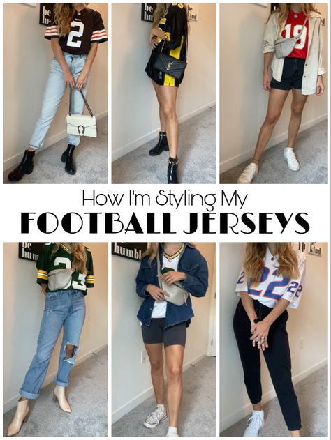 Different outfits styled with football jerseys Celebrity Superbowl Outfit, Nfl Fashion Womens, Gameday Jersey Outfit Football, Chiefs Jersey Outfit Women, Style A Jersey Women, Trendy Football Game Outfits, Football Women Outfits, Sporty Party Outfit, Football Game Date Outfit