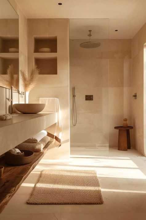 Modern Guest Bathroom Ideas, Wet Room Bathroom, Warm Bathroom, Jade Design, Desert House, Bathroom Design Trends, Wet Room, Colour Trends, Bathroom Tile Designs