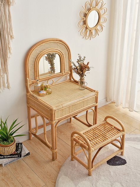 Rattan Dresser Real Rattan Bed & Breakfast Style Makeup Table Pakistani Dressing Table Ideas, Bamboo Dressing Table, Bed Table Ideas, Rattan Aesthetic, Unique Dressing Table, Clean White Sneakers, Rattan Room, Grey Blazers, Rattan Dresser