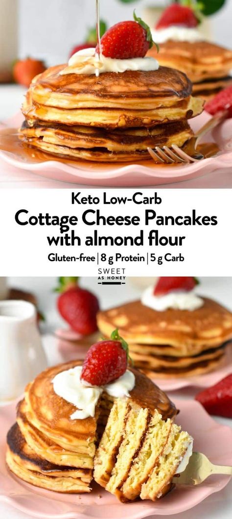 These Almond Flour Cottage Cheese Pancakes are light, fluffy high-protein pancakes with 5 grams of net carbs and 8 grams of proteins per serving. Keto Cottage Cheese Pancakes, Cottage Cheese Pancakes Low Carb, R3 Recipes, Keto Cottage Cheese, Golo Meals, Fwtfl Recipes, Cottage Cheese Protein Pancakes, Protein Pancakes Low Carb, Vanilla Protein Shake