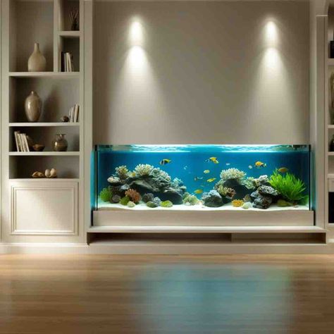 Wall Aquarium Living Rooms, Fish Aquarium Ideas For Living Room, Aquarium Under Tv, Big Aquarium Living Rooms, Fish Tank Living Room, Apartment Decorating Hacks, Wall Aquarium, Fish Tank Stand, Under Tv