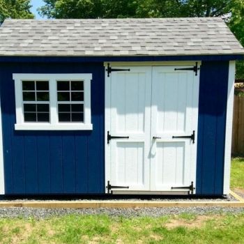 Navy Blue Shed White Trim, Blue Shed, Amish Sheds, Coastal Cabin, Navy Blue Paint, Amish Barns, Barns Sheds, Backyard Landscape, Backyard Shed