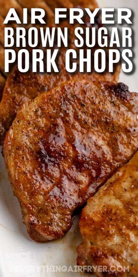 Brown sugar pork chops are tender and juicy with a sweet and savory glaze. Boneless or bone-in pork chops are rubbed with a zesty blend of seasonings and brown sugar, then cooked in the air fryer until browned and shimmering. Best of all, they are ready to serve in less than 20 minutes! Serve with greens and mashed potatoes for a hearty and well balanced meal! Pump up the flavors with some minced garlic! #brownsugarporkchops #airfryerporkchops #everythingairfryer #brownsugarporkchopsairfryer Air Fry Pork Chops, Air Fryer Recipes Pork, Brown Sugar Pork Chops, Boneless Pork Chop Recipes, Air Fryer Pork Chops, Easy Pork Chops, Pork Chop Recipes Baked, Pork Chop Dinner, Fried Pork Chops