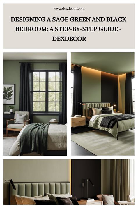 Design inspirations for a sage green and black themed bedroom, showcasing different styles and furniture arrangements. Black And Sage Bedroom Ideas, Black Sage Green Bedroom, Sage Green Bedroom With Black Furniture, Black And Olive Green Bedroom, Green And Black Room Aesthetic, Sage And Black Bedroom, Sage Green And Black Bedroom, Green And Black Bedroom, Sage Green And Black