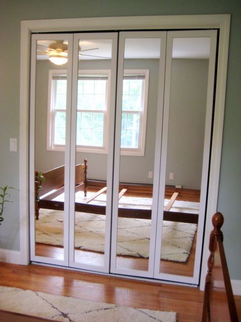 Updating Bi-Fold Mirrored Doors | Happily Barefoot Mirrored Bifold Closet Doors, Bedroom Closet Doors Sliding, Curtains For Closet Doors, Bifold Doors Makeover, Folding Closet Doors, Bedroom Closet Doors, Closet Door Makeover, Mirror Closet Doors, Mirrored Doors