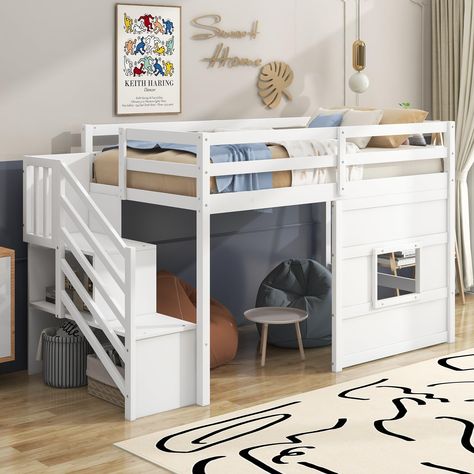 PRICES MAY VARY. 🥇【Space-Saving】 Standing at 34.9" tall,this low loft bed for kids opens up valuable floor space,making it a smart choice for smaller rooms.Compact design utilizing every space within the twin size loft bed's structure,the raised base creates a cozy loft space for storage or play to make the most of your space. 🥇【Storage Staircase】Built-in Staircase instead of a ladder for easy access to the top bunk with 2 underneath storage space can effectively space space and is suitable fo Loft Bed With Stairs, Loft Bed With Storage, Storage Staircase, Bed With Stairs, Low Loft Bed, Loft Bed Frame, Kids Loft, Twin Size Loft Bed, Kids Loft Beds