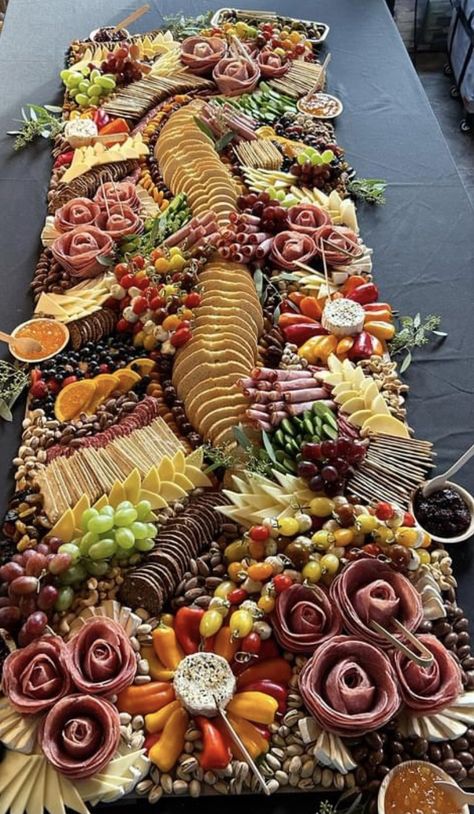 Elaborate Charcuterie Board, Large Grazing Board, Charcuterie Board Planning, Nacho Grazing Tables, Grazing Table Layout Template, Massive Charcuterie Board, Grazing Tables Ideas, Color Charcuterie Board Party, Fall Grazing Board