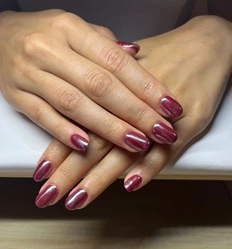 Cherry chrome🍒 --- #cherrychromenails #redcherrynails Red Wine Crome Nails, Cherry Mocha Nails With Chrome, Chrome Cherry Mocha Nails, Cherry Chrome Nails Designs, Dark Red With Chrome Nails, Cherry Mocha Nails Chrome, Chrome Wine Nails, Black Cherry Chrome Nails, Dark Cherry Chrome Nails