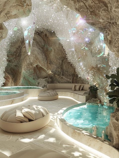 Crystals Interior Design, Crystal Cave Aesthetic, Hotels Aesthetic, Aesthetic Cave, Cave Spa, Future Interior Design, Amazing Bedroom Designs, Architecture Aesthetic, Architecture Luxury