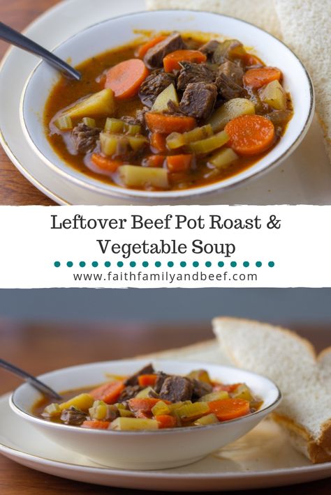 Leftover Beef Pot Roast Soup Pot Roast And Vegetables, Roast Vegetable Soup, Beef Pot Roast Soup, Roast Vegetable Soup Recipe, Pot Roast Vegetables, Roast Soup, Roast Beef Salad, Leftover Pot Roast, Roasted Vegetable Soup