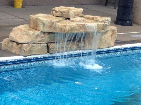 Small Rock Waterfall Pool, Pool Water Fall Ideas, Diy Pool Fountain Waterfalls, Small Pool Waterfall, Pool Jumping Rock, Jumping Rocks For Pool, Diy Pool Fountain, Pool Fountain Ideas, Pool Waterfall Diy