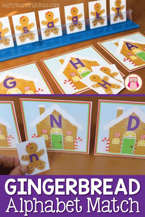 Here is a free gingerbread alphabet activity printable that is great for teaching early literacy activities in preschool, pre-k, and kindergarten. A great Christmas, holiday or gingerbread theme hands-on literacy center activity to help you teach letters and letter sounds Prek Gingerbread, Gingerbread Man Printable, Gingerbread Alphabet, Preschool Gingerbread, Gingerbread Unit, Gingerbread Man Activities, Gingerbread Activities, Size Sorting, Christmas Learning