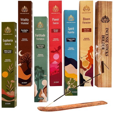 PRICES MAY VARY. HANDMADE AND NATURAL: Yuvora incense sticks are handmade with natural ingredients and no artificial chemicals or fillers. They are handcrafted by skilled artisans who follow traditional methods and recipes. Each stick measures 10 inches and burns for about 45 minutes. VARIETY OF SCENTS: Includes 20 incense sticks each of White Sage, Eucalyptus, Palo Santo, Orange, Peppermint, and Tea Tree for endless fragrance possibilities. Perfect for Meditation, Yoga, Relaxation, And Aromathe Incense Packaging Design, Incense Branding, Incense Sticks Packaging, Apothecary Ideas, Incense Packaging, Sage Eucalyptus, Yoga Relaxation, Burning Incense, Mood Enhancers