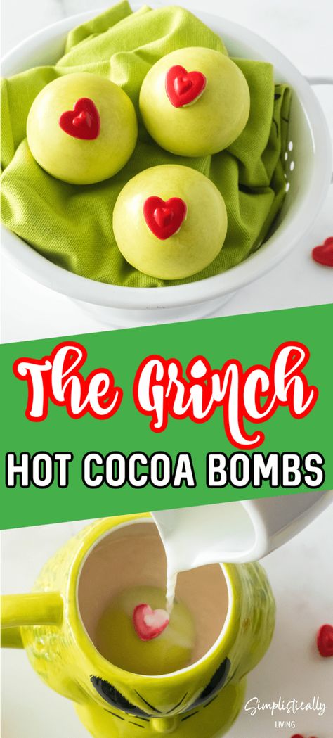 Hot Cocoa Balls Christmas, The Grinch Treats, Grinch Hot Chocolate Balls, Christmas Cocoa Balls, Hot Cocoa Balls Recipes, How To Make Hot Cocoa Balls, Hot Coco Balls, Grinch Hot Cocoa Balls, Grinch Hot Cocoa Bar