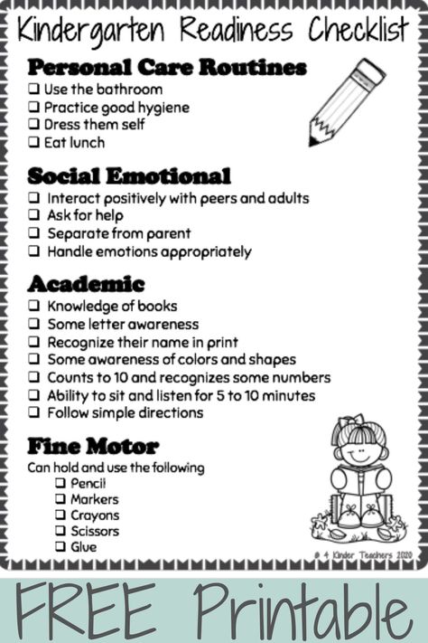 Is your child getting ready for Kindergarten? As kindergarten teachers, we know there are certain skills children need to help them feel comfortable and confident in school. Use our FREE Kindergarten Readiness Checklist to make sure your child is ready for school! Teachers, print this out for your incoming parents! #kindergarten #kindergartenreadiness #readyforkindergarten #readyforschool #kindergartenreadinesschecklist #kindergartenreadinesschecklistfreeprintable #readyforschoolchecklist Kindergarten Readiness Checklist Free, Kindergarten Assessment Checklist, Kindergarten Checklist, Kindergarten Orientation, Kindergarten Readiness Checklist, Kindergarten Goals, Kindergarten Assessment, Preschool Assessment, Ready For Kindergarten