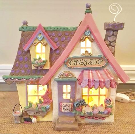 Clay Doll House, Christmas Candy Store, Candy Shop Design, Easter Village, Easter House, Clay Box, Candy House, Christmas Gingerbread House, House No