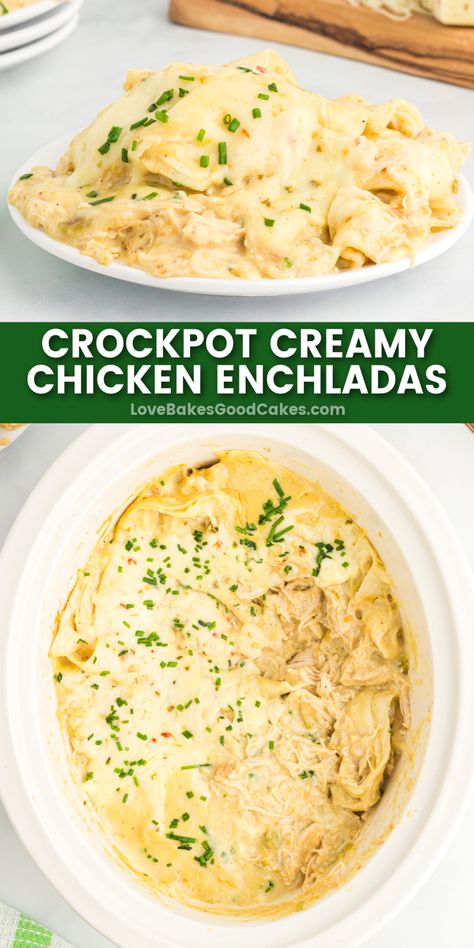 Crockpot Creamy Chicken Enchiladas pin collage Crockpot Treats, Chicken Enchilada Sauce, Crockpot Creamy Chicken, Creamy Chicken Enchiladas Recipe, Sour Cream Chicken Enchilada Recipe, Crockpot Chicken Enchiladas, Creamy Crockpot Chicken, Slow Cooker Enchiladas, Chicken Enchiladas Recipe